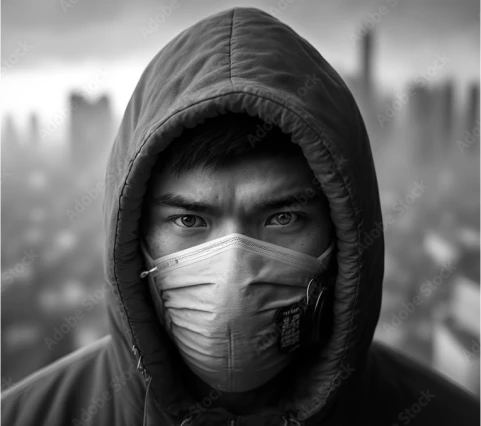 A boy with hoodie cap wearing a air purifying mask